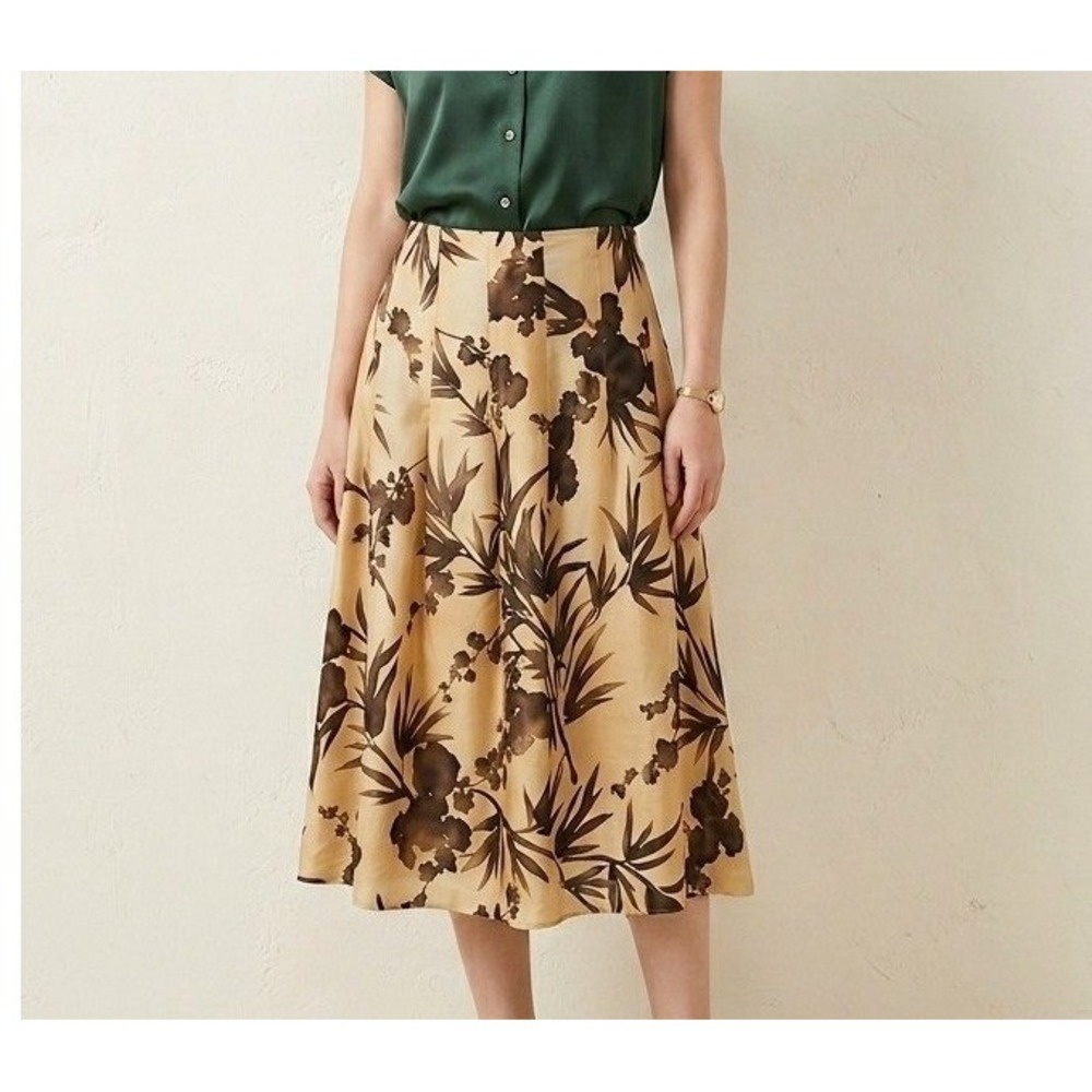 Talbots 4 Silk Blend Pleated Skirt Brown Gold Botanical Print Lined Classic